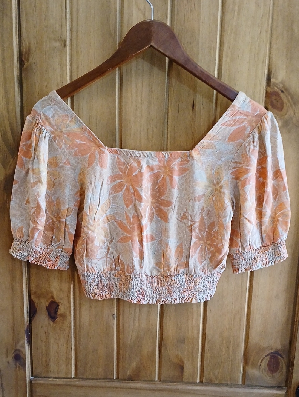 Roxy Orange and Cream Floral Square-Neck Crop Top